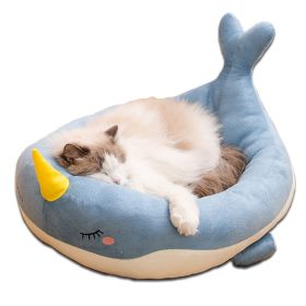 Cartoon Animals Shape Cute  Duck Cat Bed With Summer Mat Round Cat House Kennel Cushion Four Seasons Universal (Color: Blue Whale, size: L 55x45 cm)